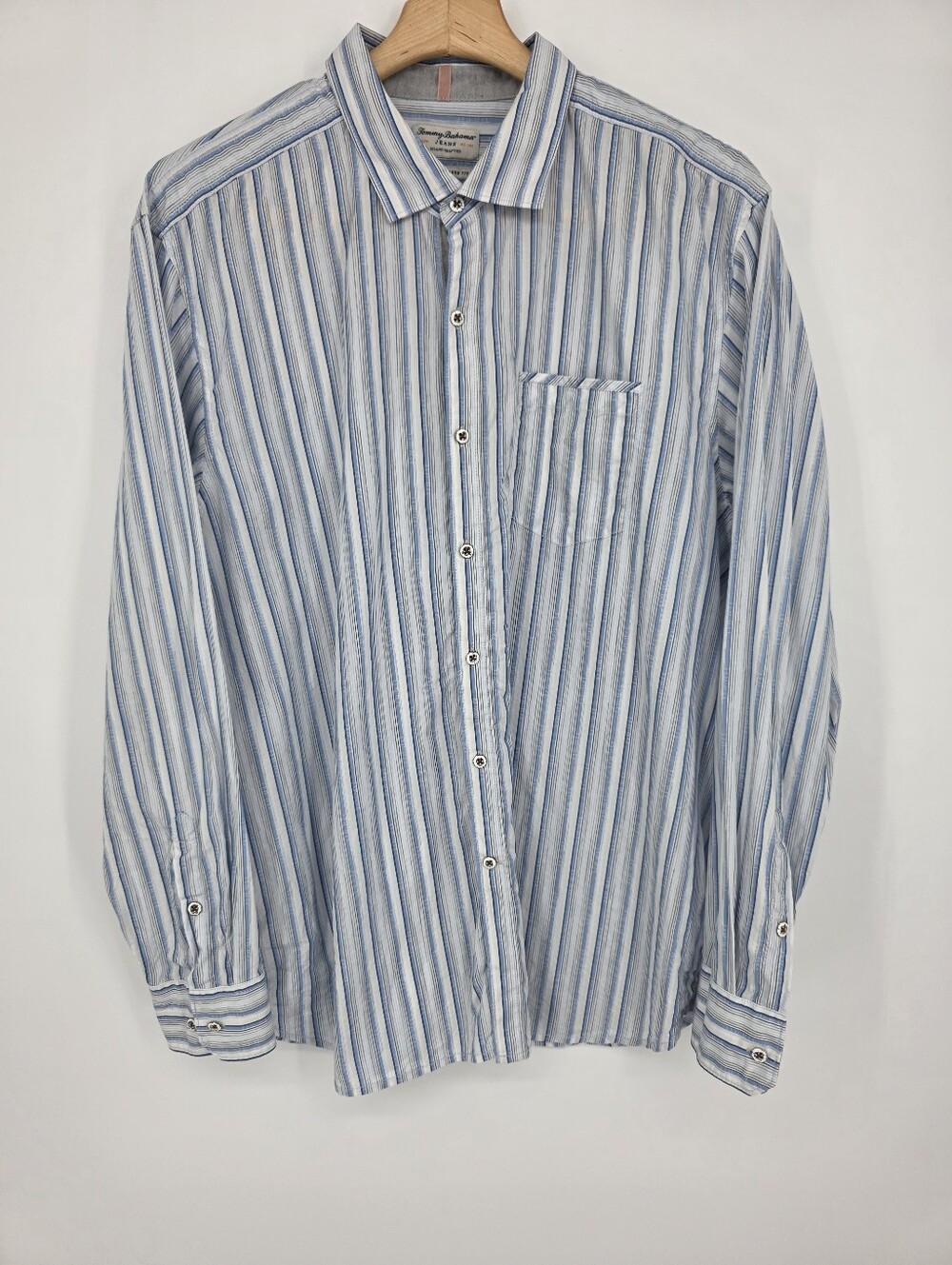 Tommy Bahama Island Modern Fit Striped Button-Up Shirt Blue Size XL.